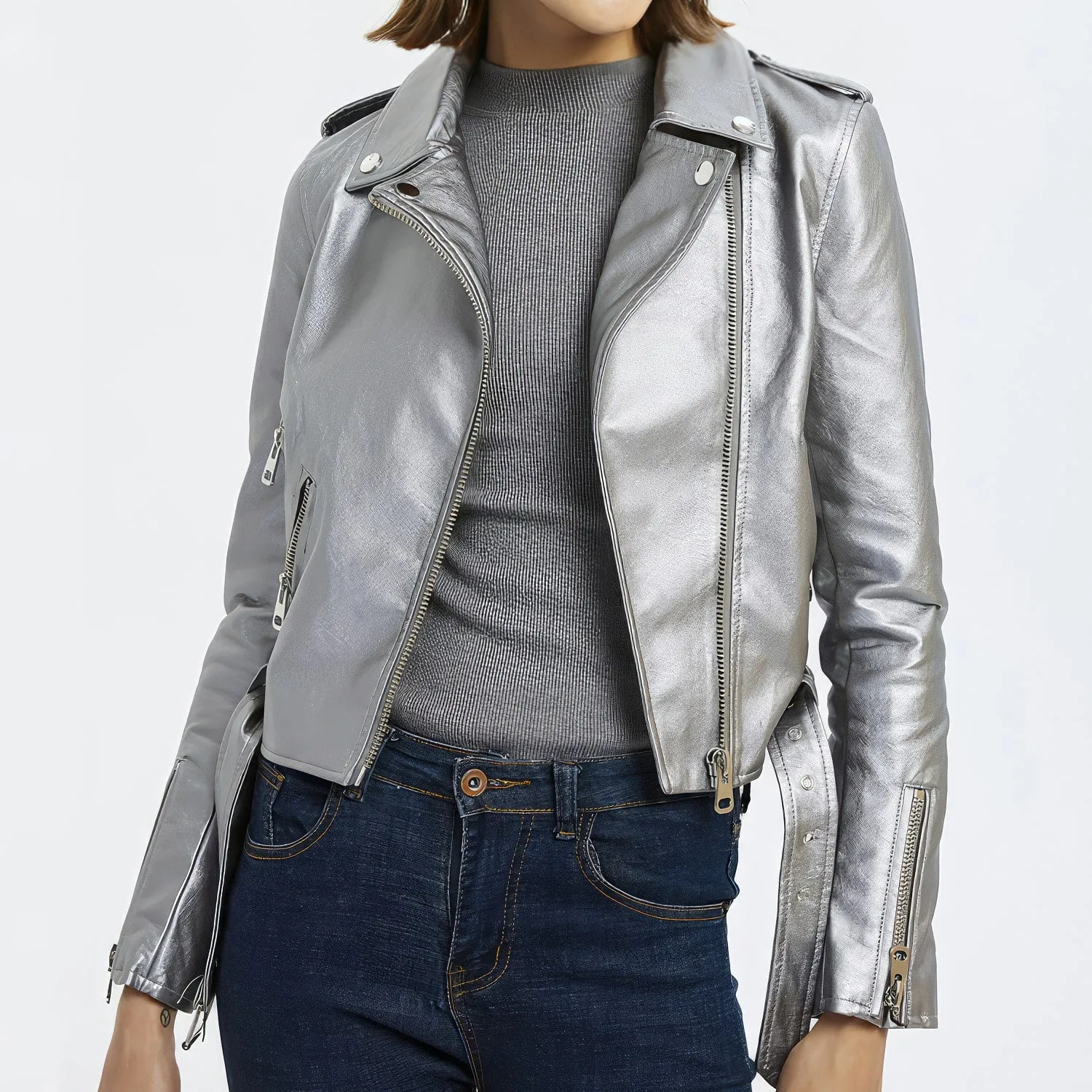 : Women’s Silver Biker Genuine Sheepskin Lapel Collar Rivet Asymmetric Zip-Up Motorcycle Racer Belted Slim Fit Leather Jacket