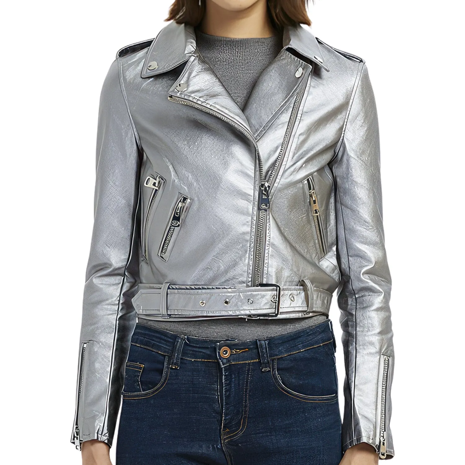 : Women’s Silver Biker Genuine Sheepskin Lapel Collar Rivet Asymmetric Zip-Up Motorcycle Racer Belted Slim Fit Leather Jacket