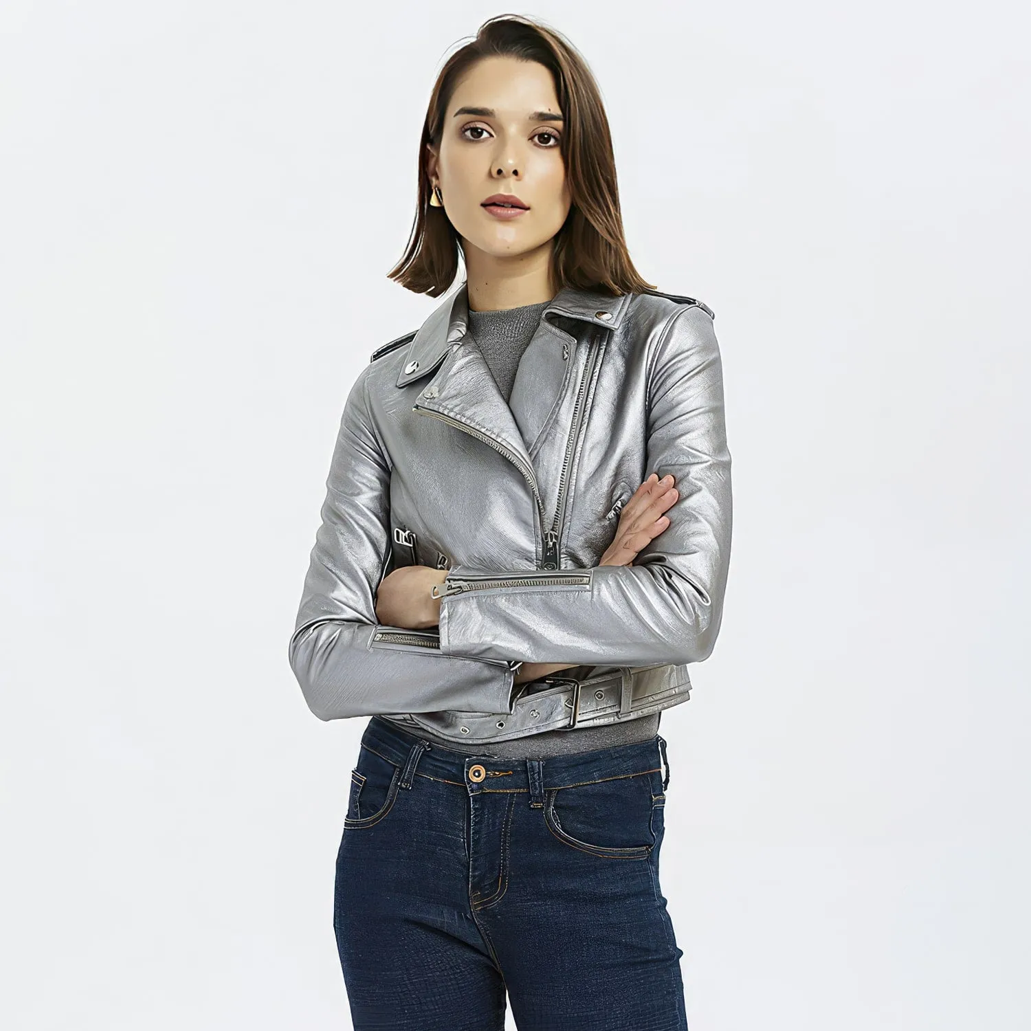 : Women’s Silver Biker Genuine Sheepskin Lapel Collar Rivet Asymmetric Zip-Up Motorcycle Racer Belted Slim Fit Leather Jacket