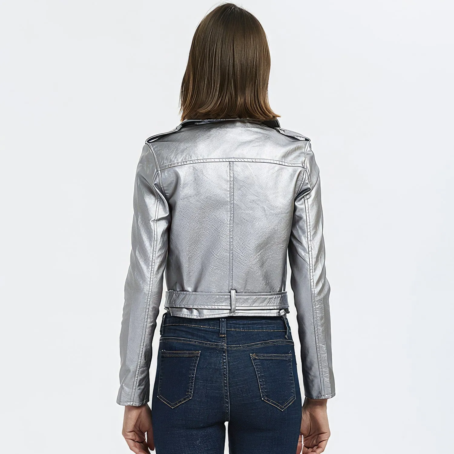 : Women’s Silver Biker Genuine Sheepskin Lapel Collar Rivet Asymmetric Zip-Up Motorcycle Racer Belted Slim Fit Leather Jacket