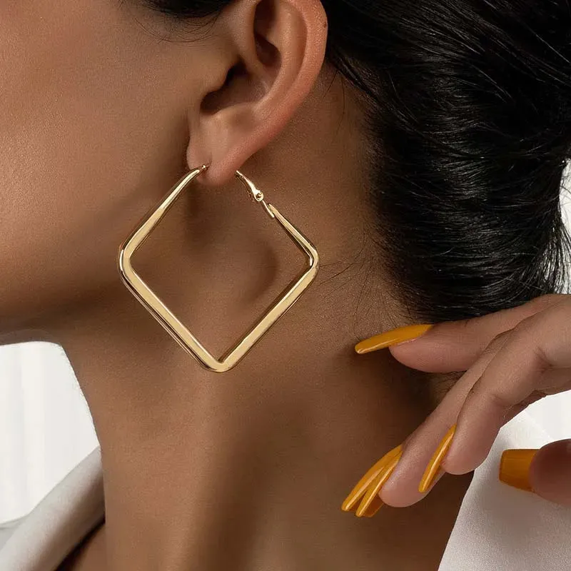 2023 Fashion Gold Color Big Square Hoop Earrings For Women Exaggerated Metal Geometric Irregular Circle Earrings Jewelry