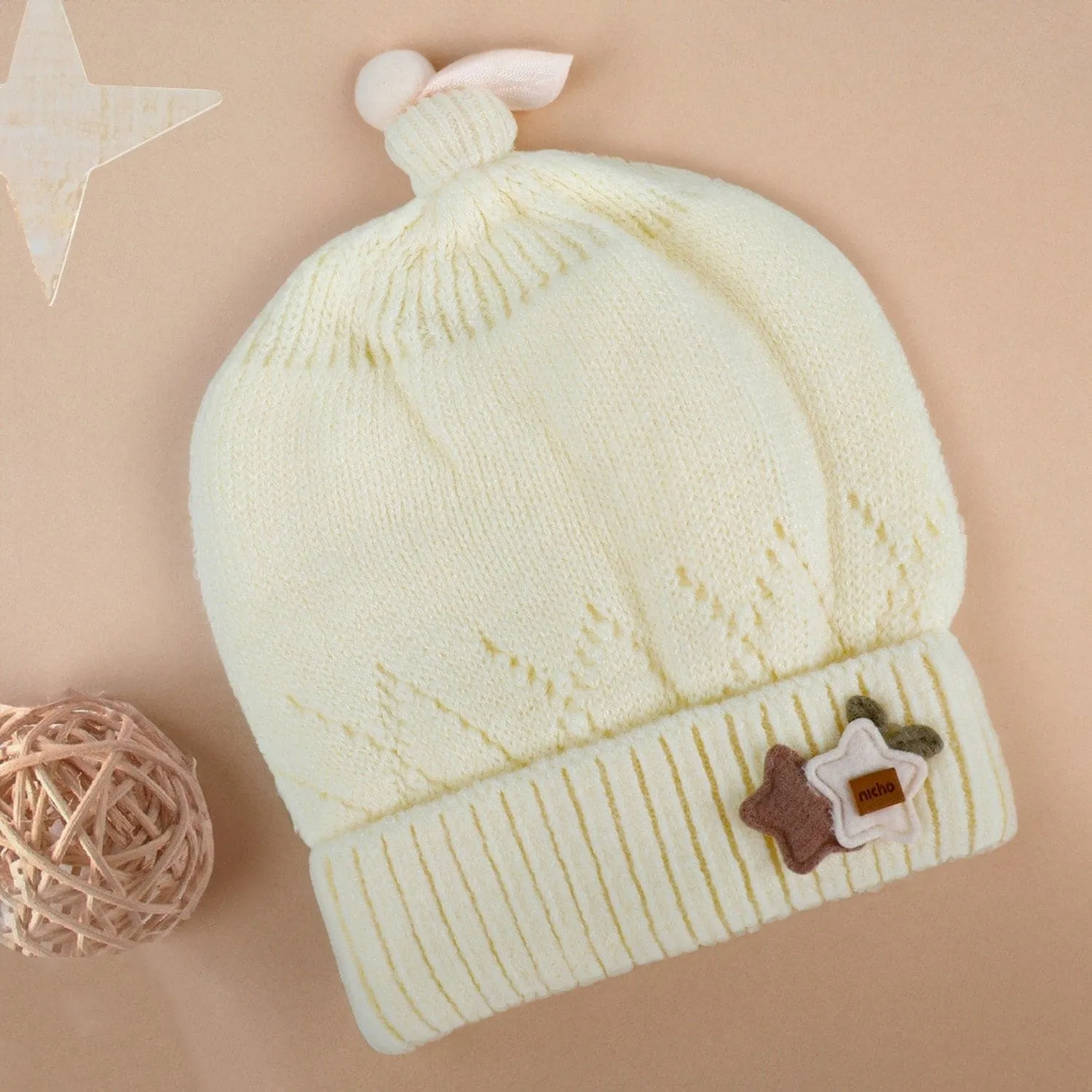 Baby Moo Star Breathable Beanie Warm Knitted Woollen Cap - Cream