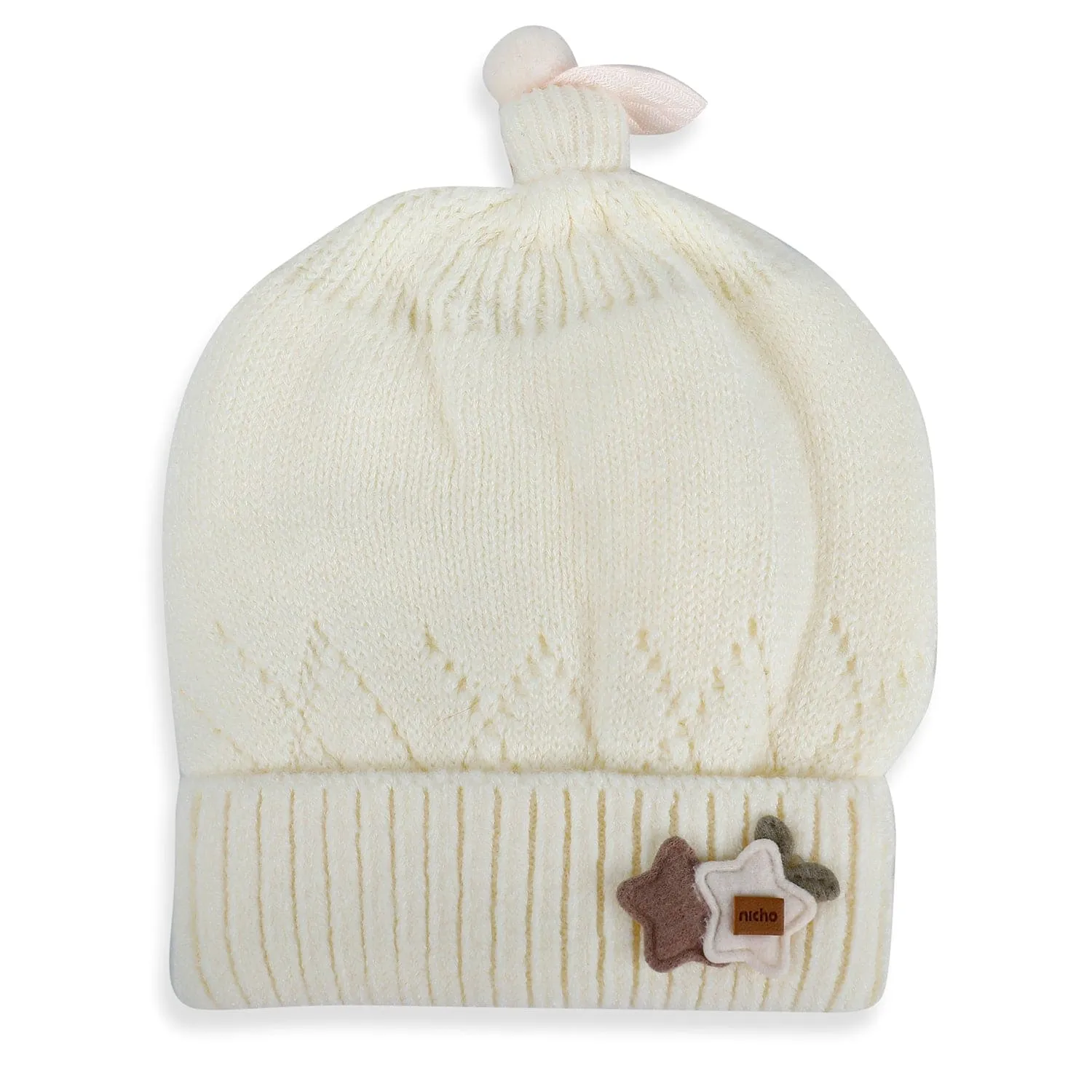 Baby Moo Star Breathable Beanie Warm Knitted Woollen Cap - Cream