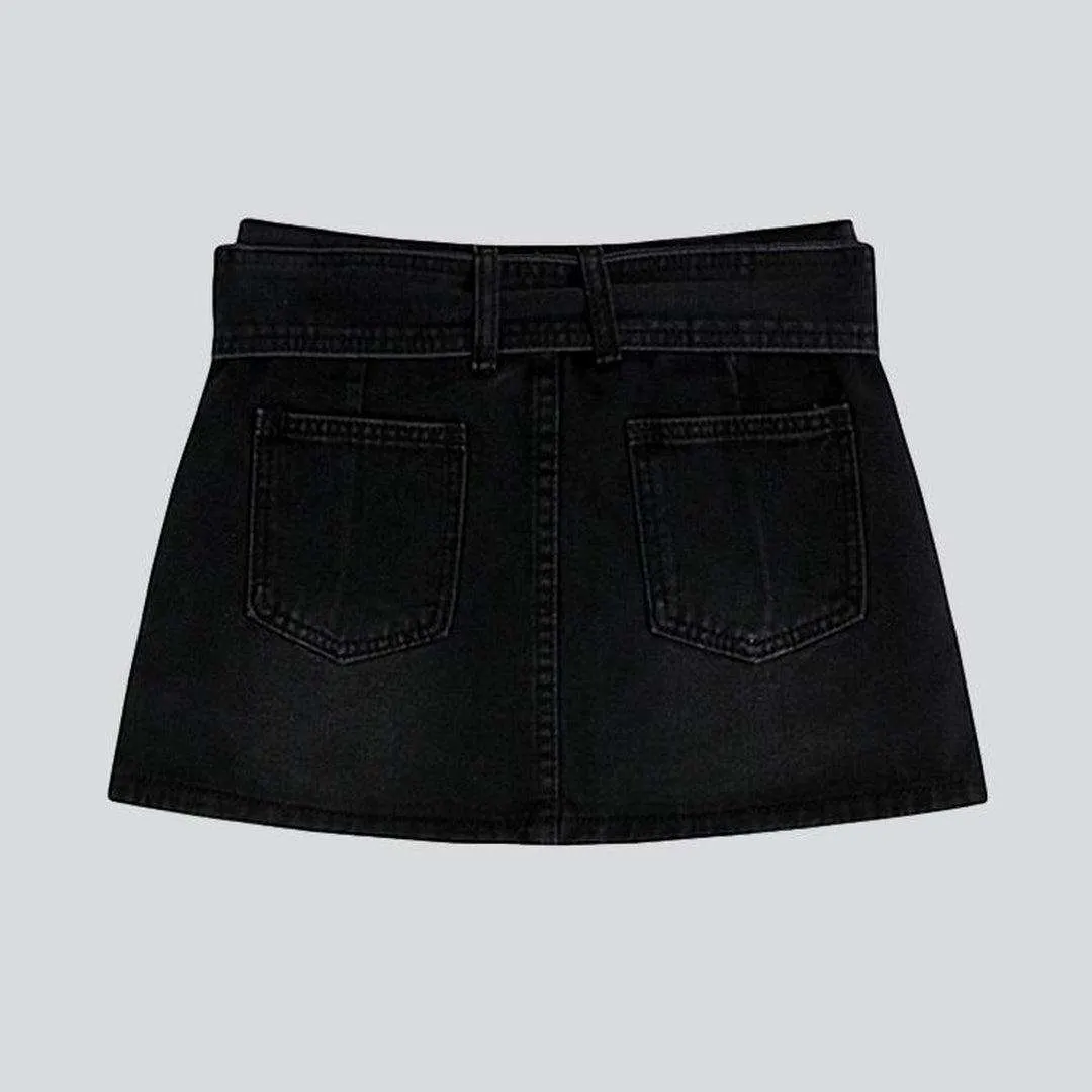 Black denim skirt with belt