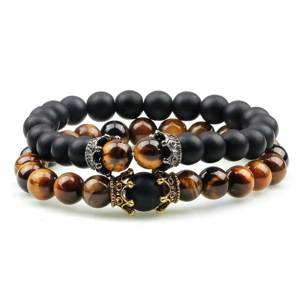 Black Lava Stone Crown Charm Tiger Eye Beads Bracelet For Men Women Braided Bracelets Handmade Adjustable Jewelry Pulseira