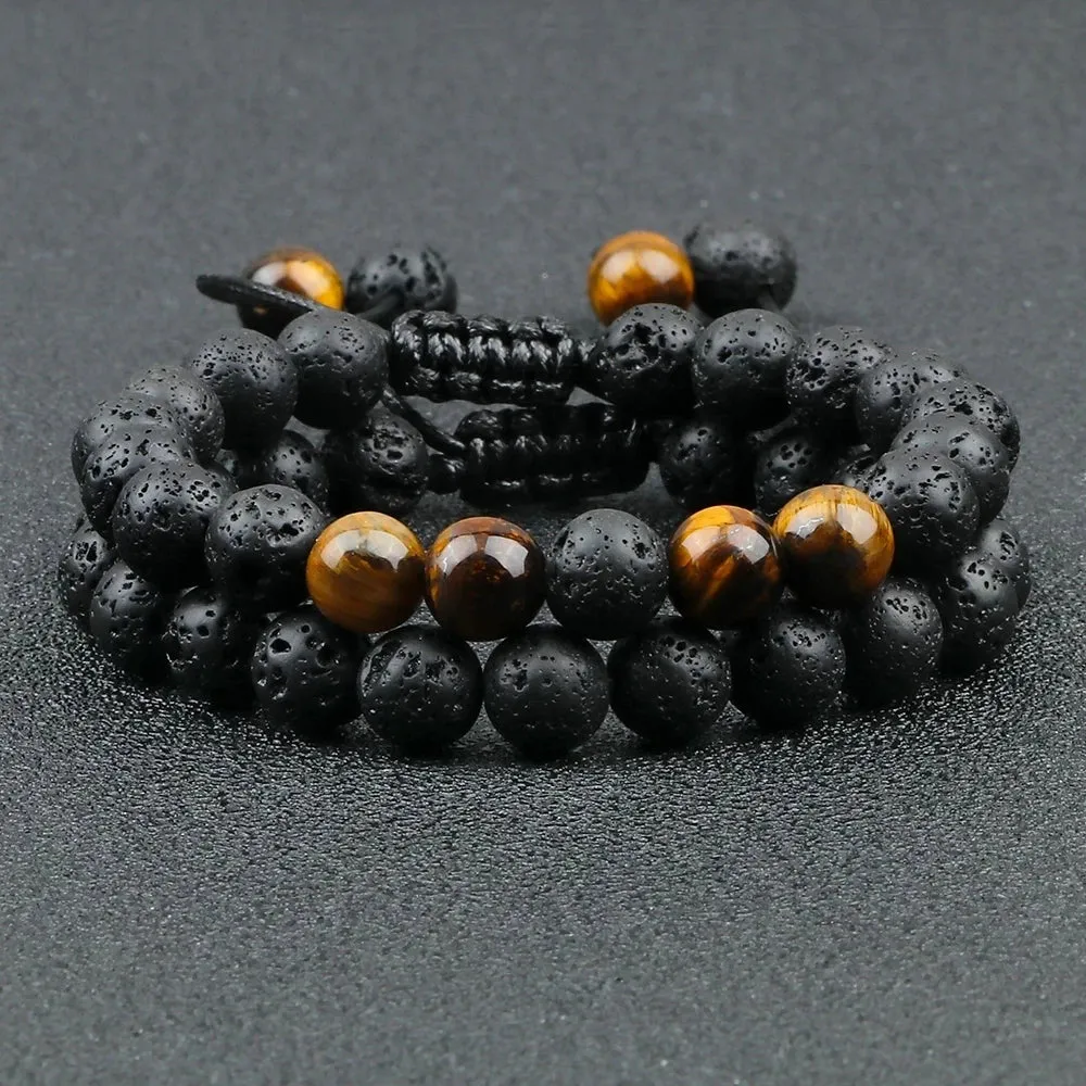 Black Lava Stone Crown Charm Tiger Eye Beads Bracelet For Men Women Braided Bracelets Handmade Adjustable Jewelry Pulseira