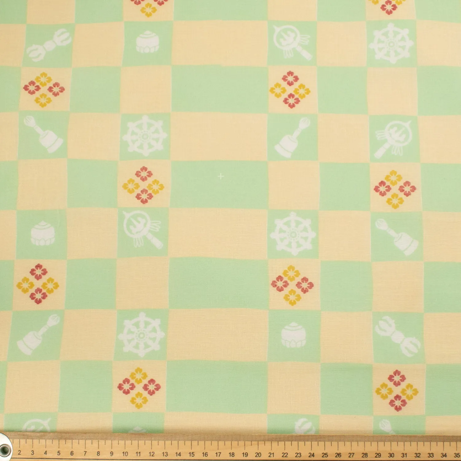 Border Printed Cotton Voile Design-1 Green & Yellow Checks /Japanese Cartoon on Yellow -90CM panel