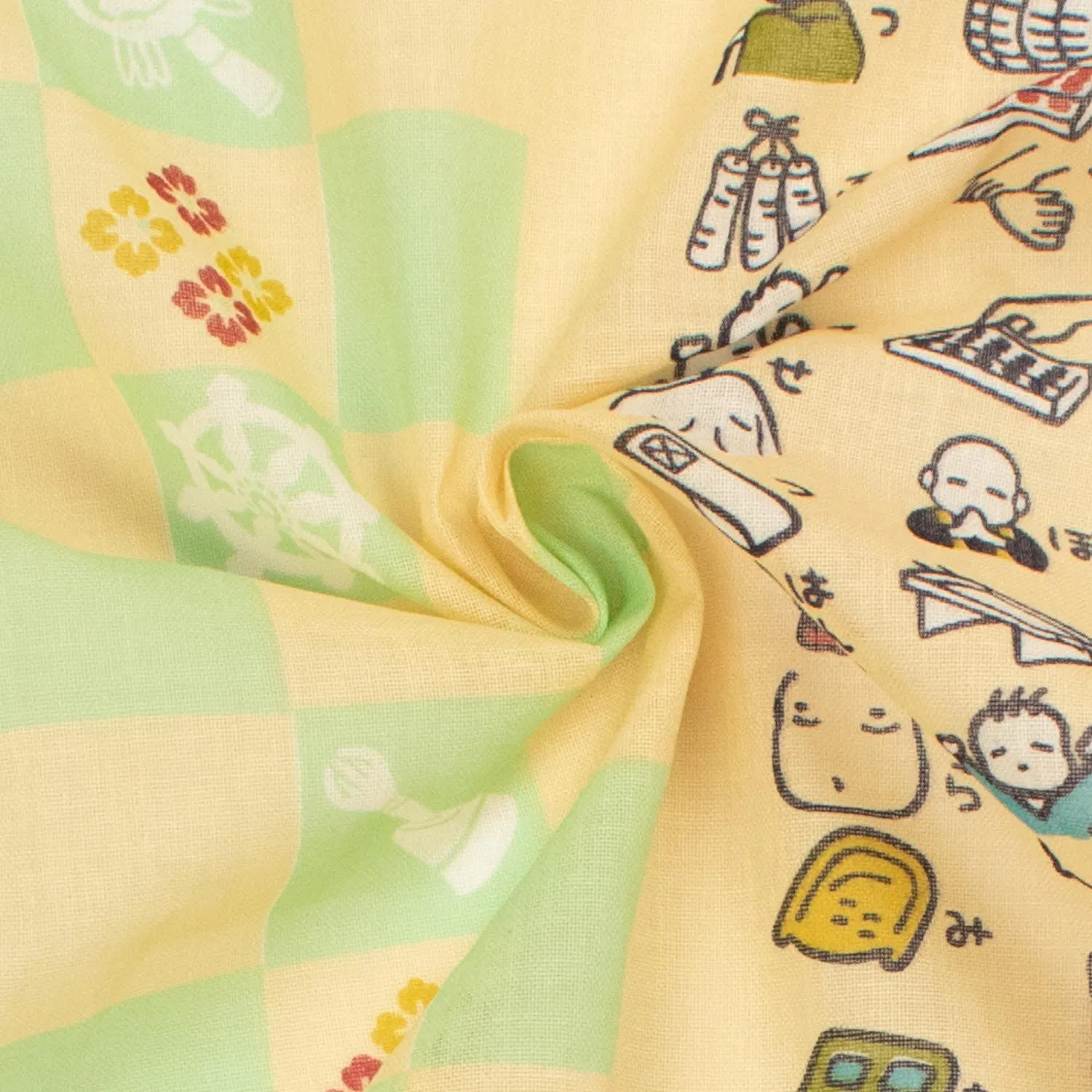 Border Printed Cotton Voile Design-1 Green & Yellow Checks /Japanese Cartoon on Yellow -90CM panel