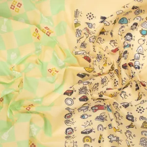 Border Printed Cotton Voile Design-1 Green & Yellow Checks /Japanese Cartoon on Yellow -90CM panel