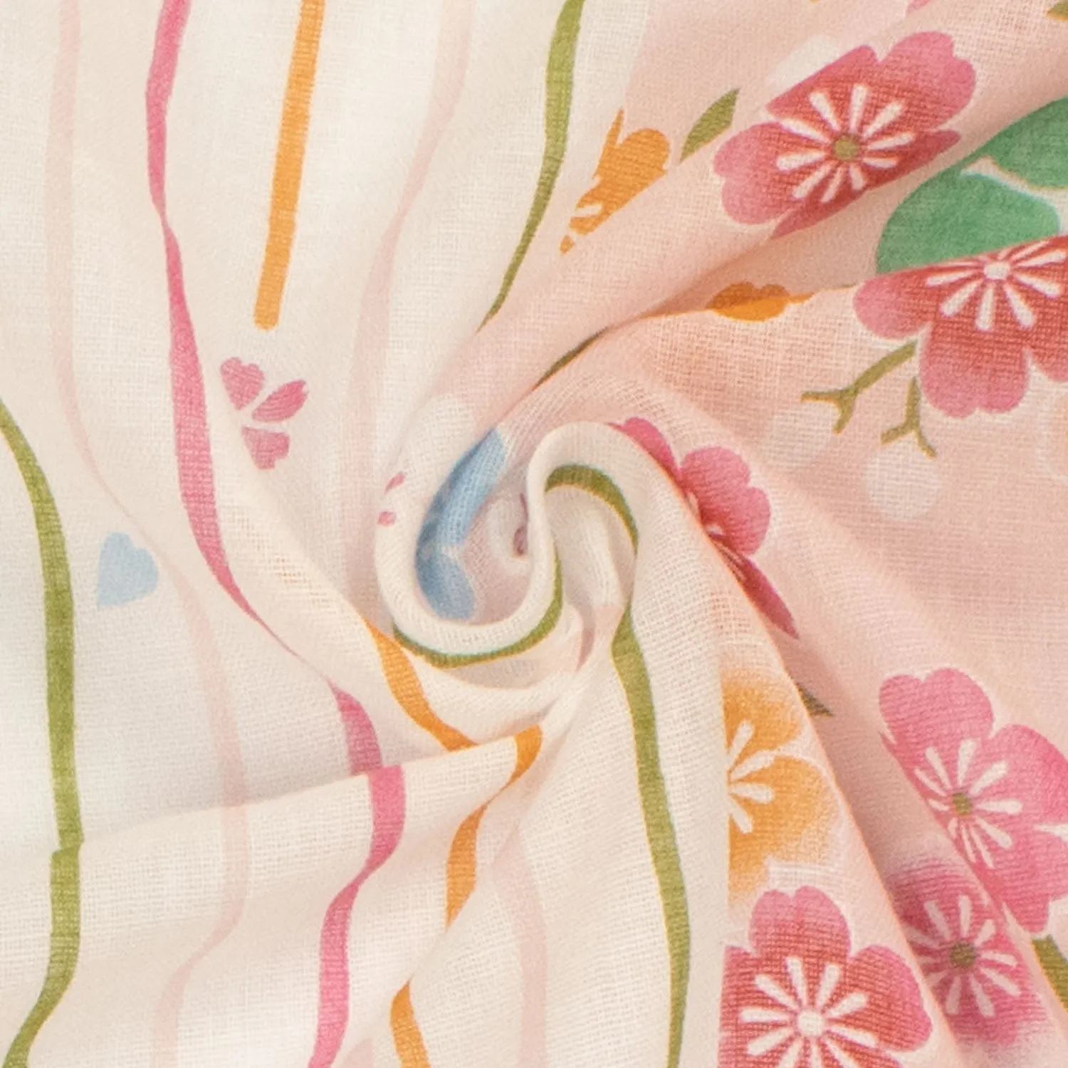 Border Printed Cotton Voile Design-20 Multi Colour Sakura on Cream/Stripes on White