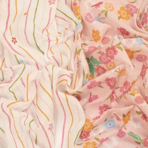 Border Printed Cotton Voile Design-20 Multi Colour Sakura on Cream/Stripes on White