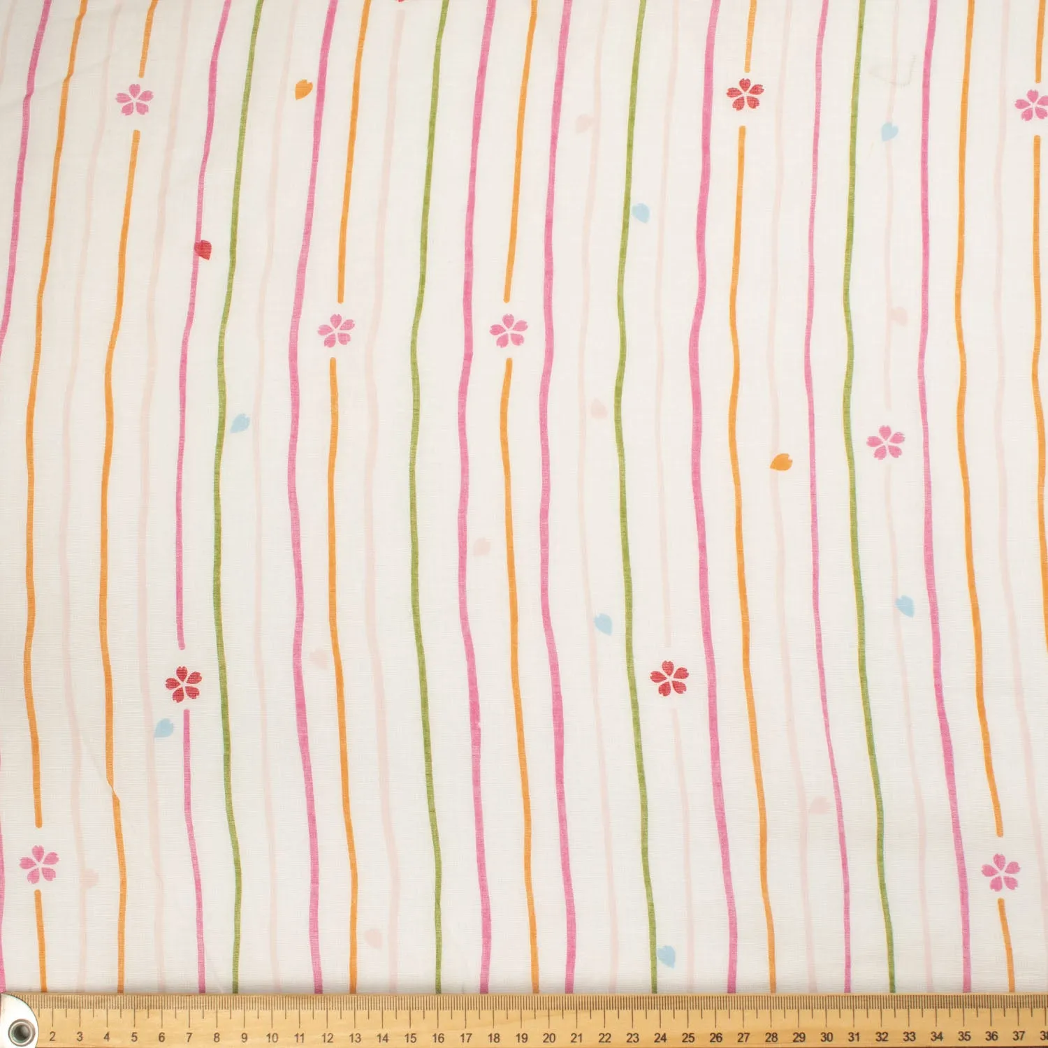 Border Printed Cotton Voile Design-20 Multi Colour Sakura on Cream/Stripes on White