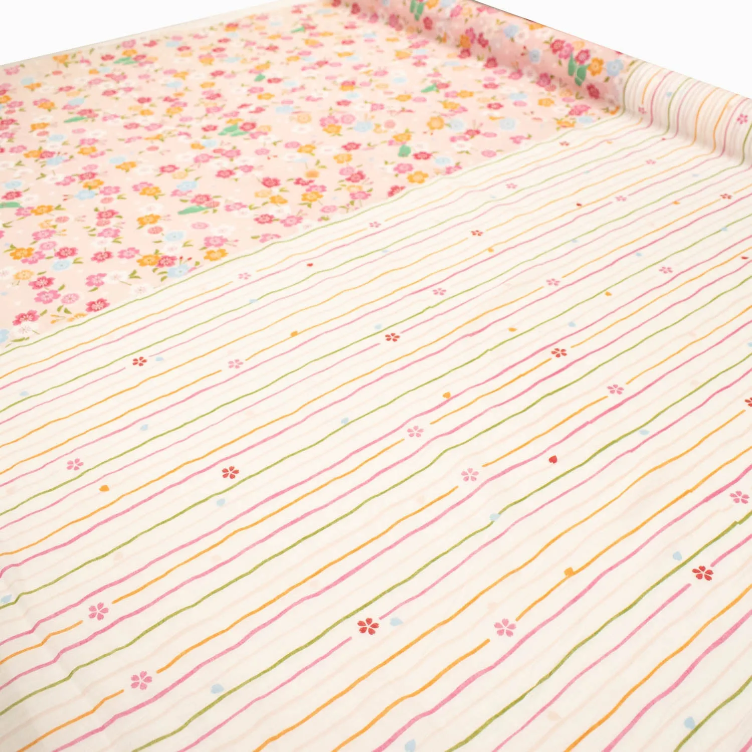 Border Printed Cotton Voile Design-20 Multi Colour Sakura on Cream/Stripes on White