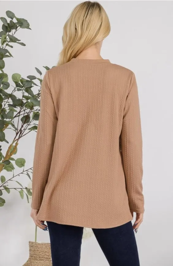 Brown Cable Knit Henley Long Sleeve Top - #6124-2130