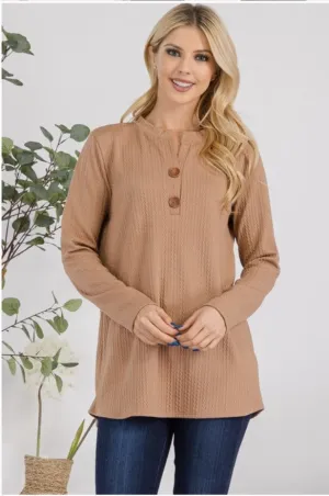 Brown Cable Knit Henley Long Sleeve Top - #6124-2130