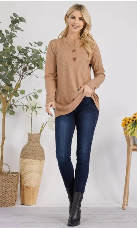 Brown Cable Knit Henley Long Sleeve Top - #6124-2130