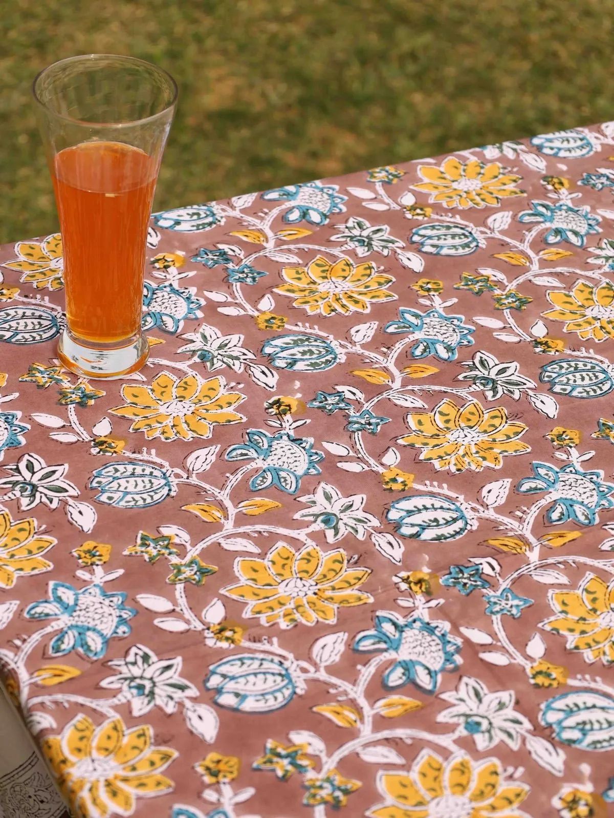 Brown Organic Cotton Table Cover- Floral Design