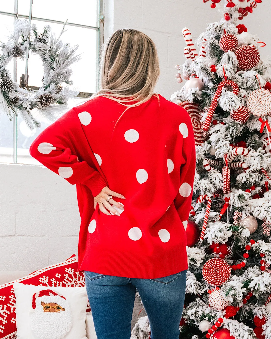 Christmas Cheer Red with White Polka Dot Sweater FINAL SALE