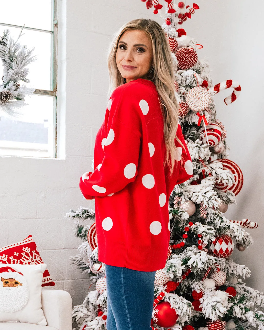 Christmas Cheer Red with White Polka Dot Sweater FINAL SALE