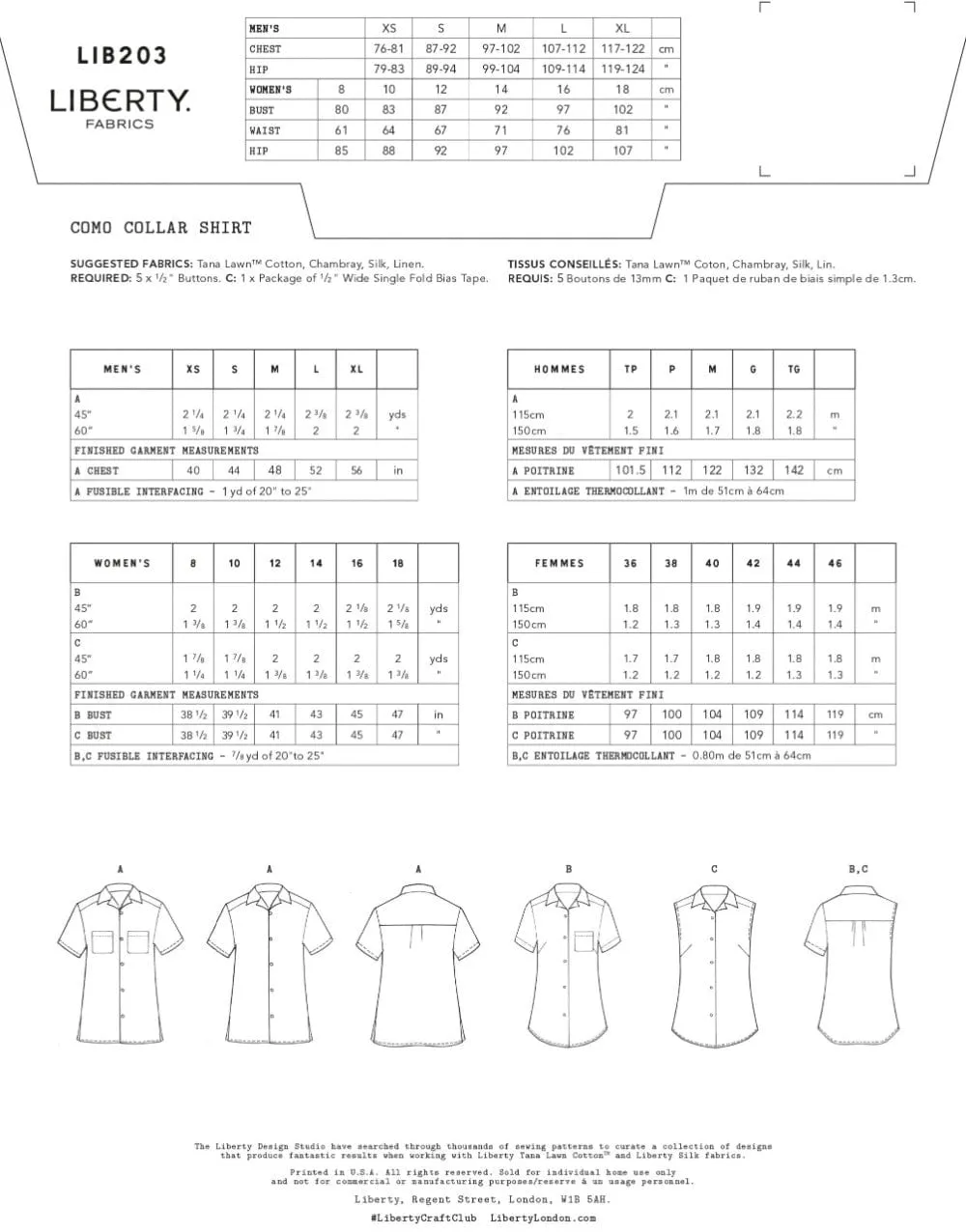 Como Unisex Collar Shirt Sewing Pattern, Liberty Fabrics