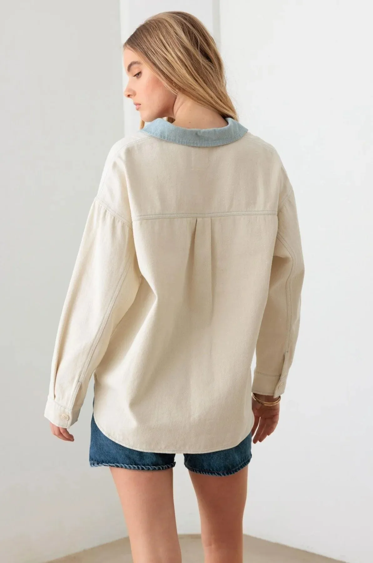 Cream Contrast Collar Cotton Pocket Oversized Shacket