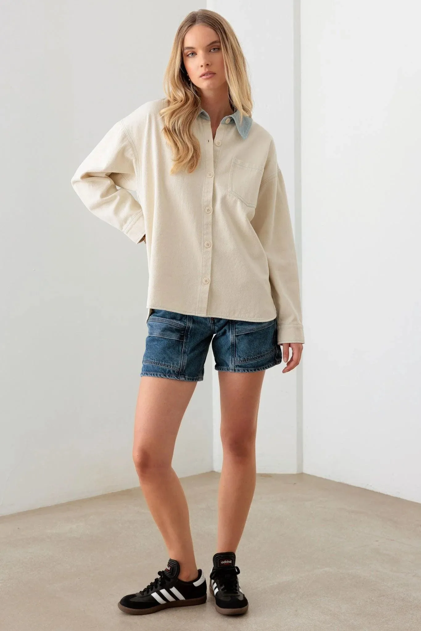 Cream Contrast Collar Cotton Pocket Oversized Shacket