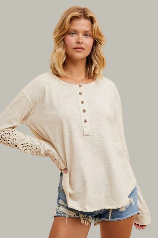 Crochet Sleeve Henley Top (Cream)