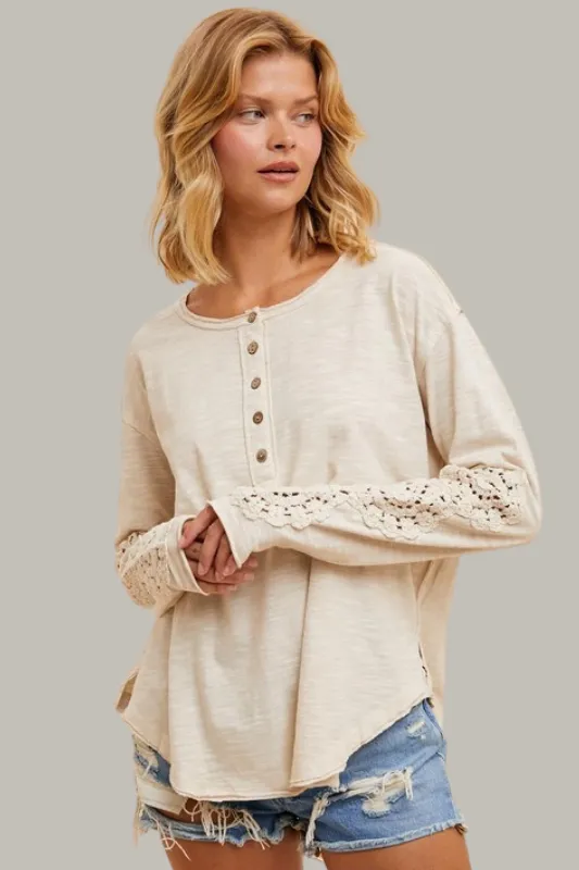 Crochet Sleeve Henley Top (Cream)