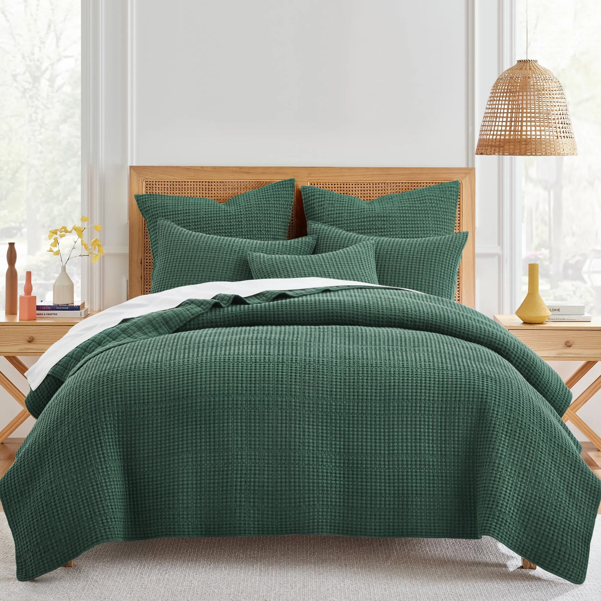 essential Mills Waffle - King/Cal King Quilt Set - Grey Cotton Waffle - Quilt Size (106 x 92in.), Sham Size (36 x 20in.) Forest Green Euro Sham 26x26