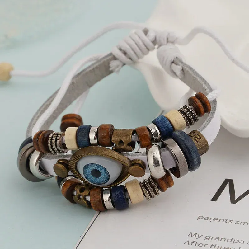 Evil Eye Bracelets For Men Women Vintage Leather Rope Cool Adjustable Layered Bracelet Charm Turkey Jewelry Halloween Cosplay