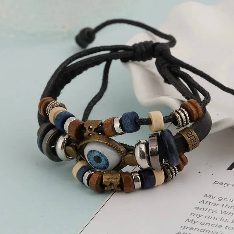 Evil Eye Bracelets For Men Women Vintage Leather Rope Cool Adjustable Layered Bracelet Charm Turkey Jewelry Halloween Cosplay