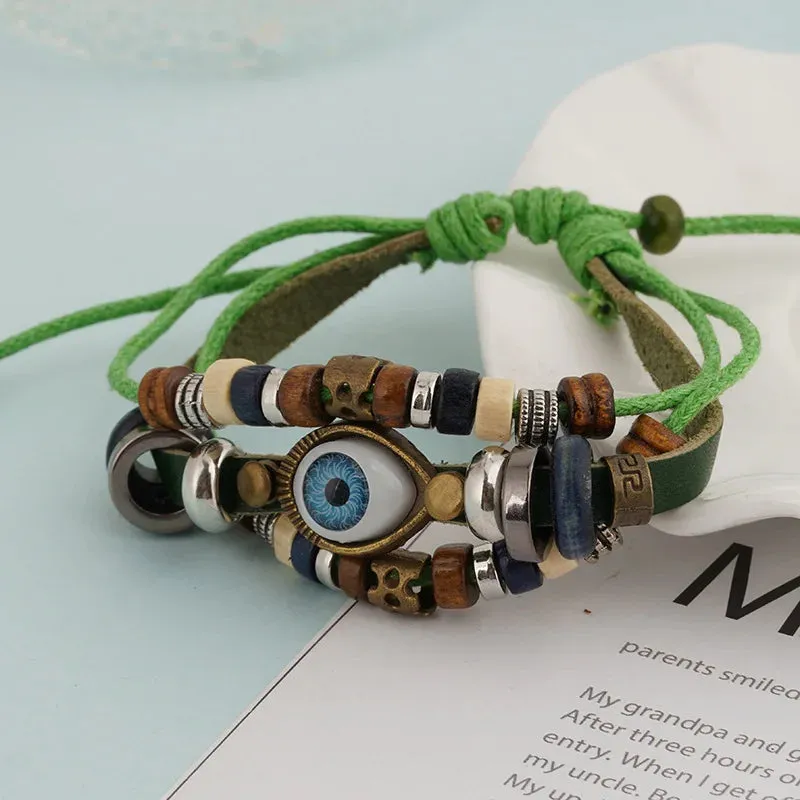 Evil Eye Bracelets For Men Women Vintage Leather Rope Cool Adjustable Layered Bracelet Charm Turkey Jewelry Halloween Cosplay