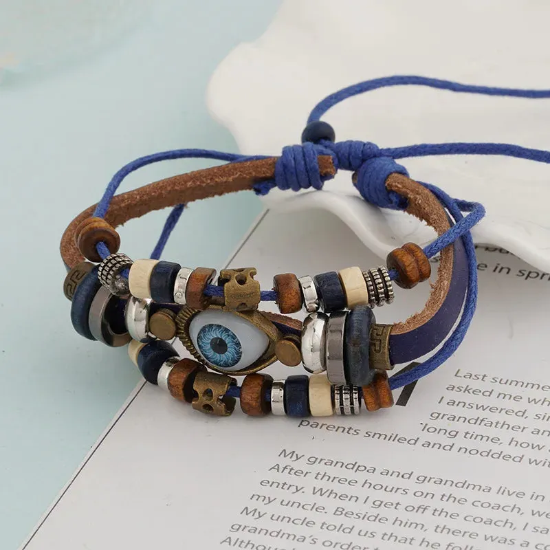 Evil Eye Bracelets For Men Women Vintage Leather Rope Cool Adjustable Layered Bracelet Charm Turkey Jewelry Halloween Cosplay