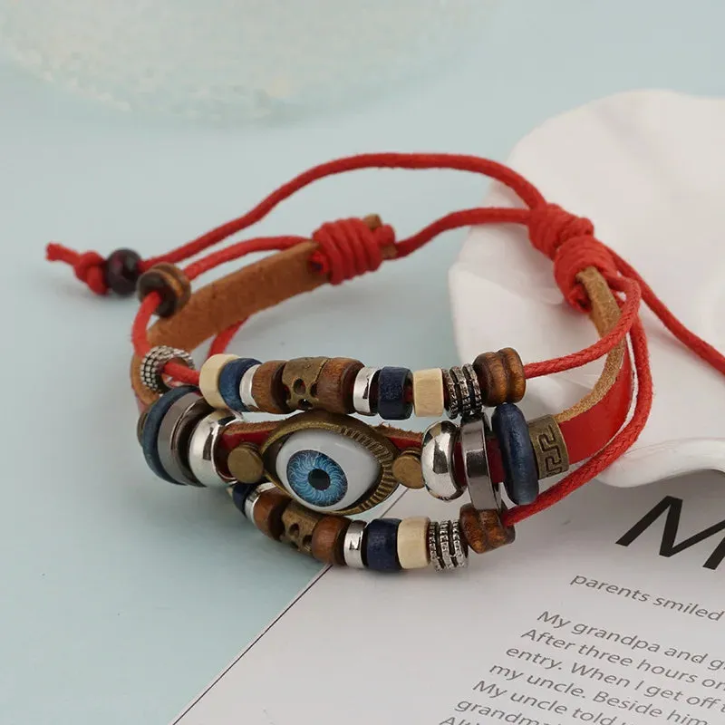 Evil Eye Bracelets For Men Women Vintage Leather Rope Cool Adjustable Layered Bracelet Charm Turkey Jewelry Halloween Cosplay