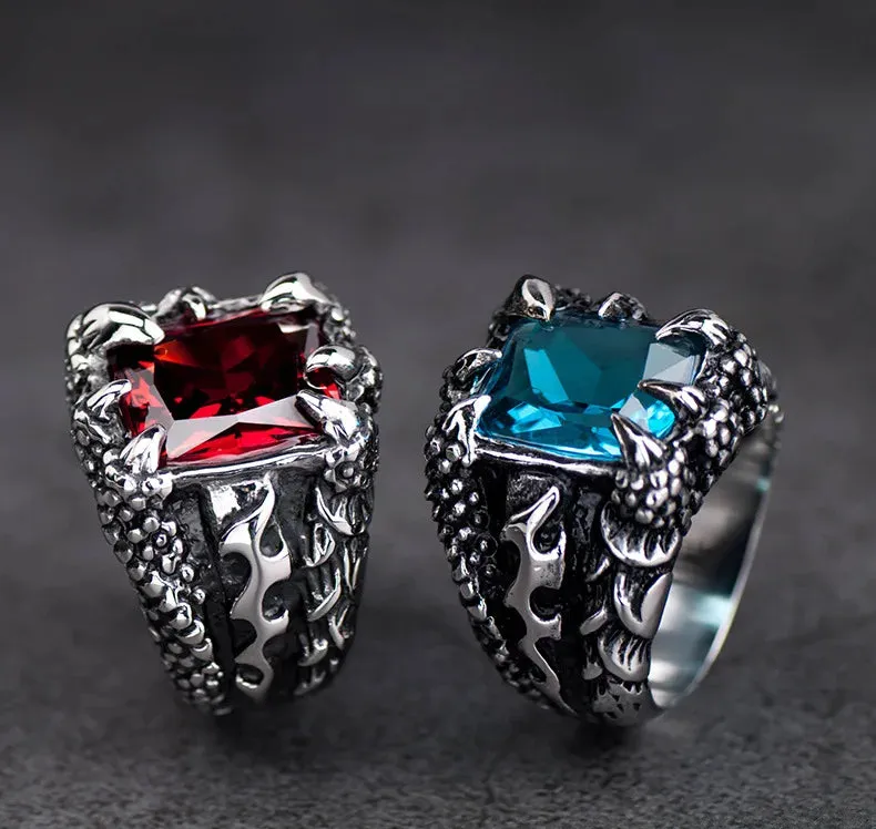 Gothic Blue Red Black Crystal Devil Dragon Claw Ring Men's Fashion Trend Exquisite Casual Street Cool Rider Ring Jewelry