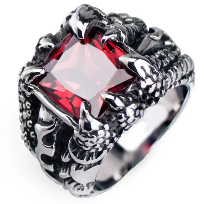 Gothic Blue Red Black Crystal Devil Dragon Claw Ring Men's Fashion Trend Exquisite Casual Street Cool Rider Ring Jewelry