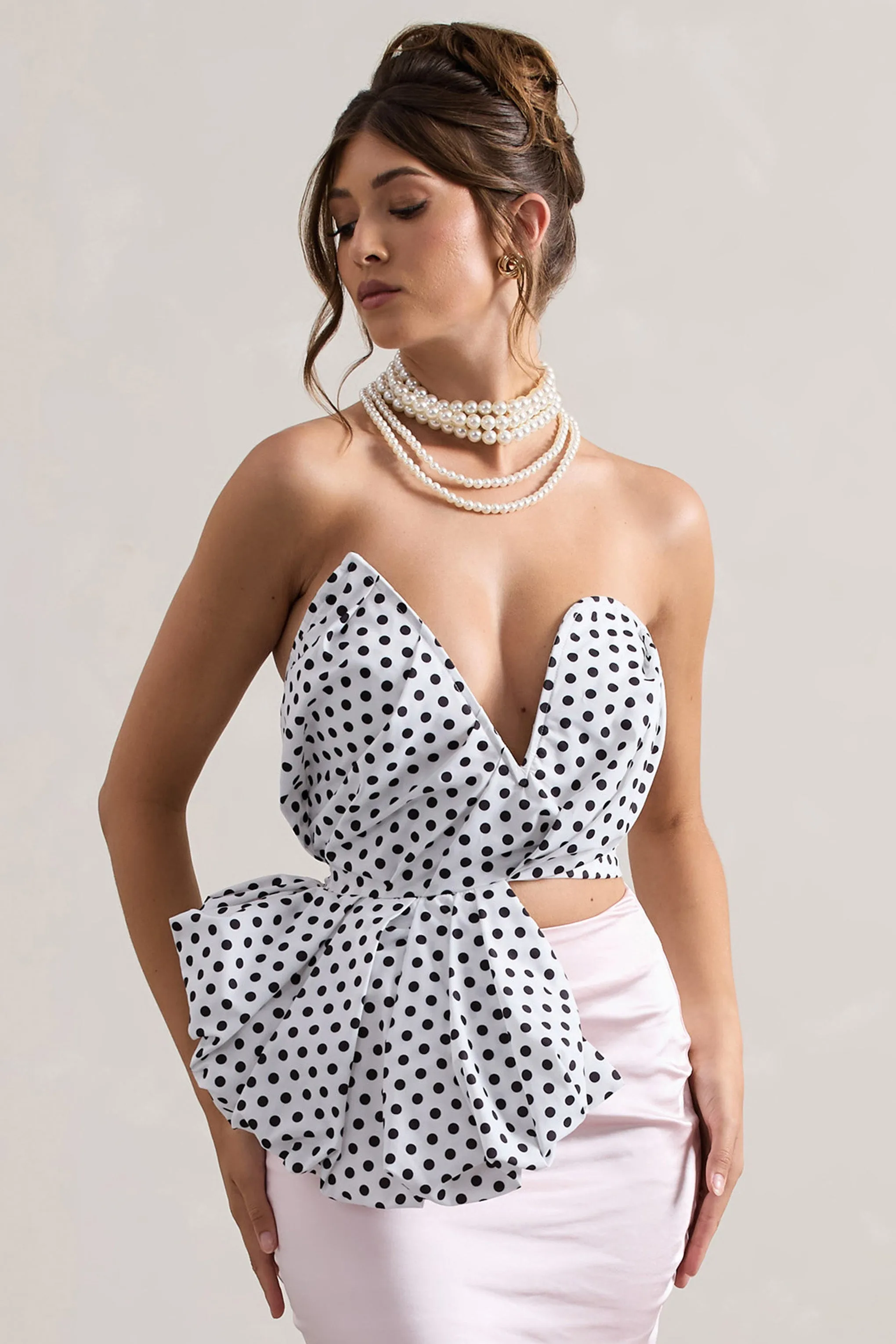 Haute | Cream Polka Dot Asymmetric Plunge-Neck Corset With Ruffle