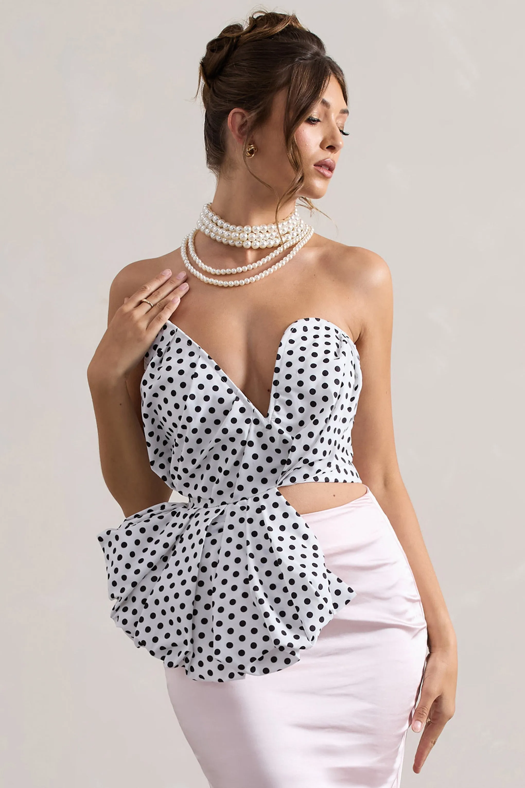 Haute | Cream Polka Dot Asymmetric Plunge-Neck Corset With Ruffle