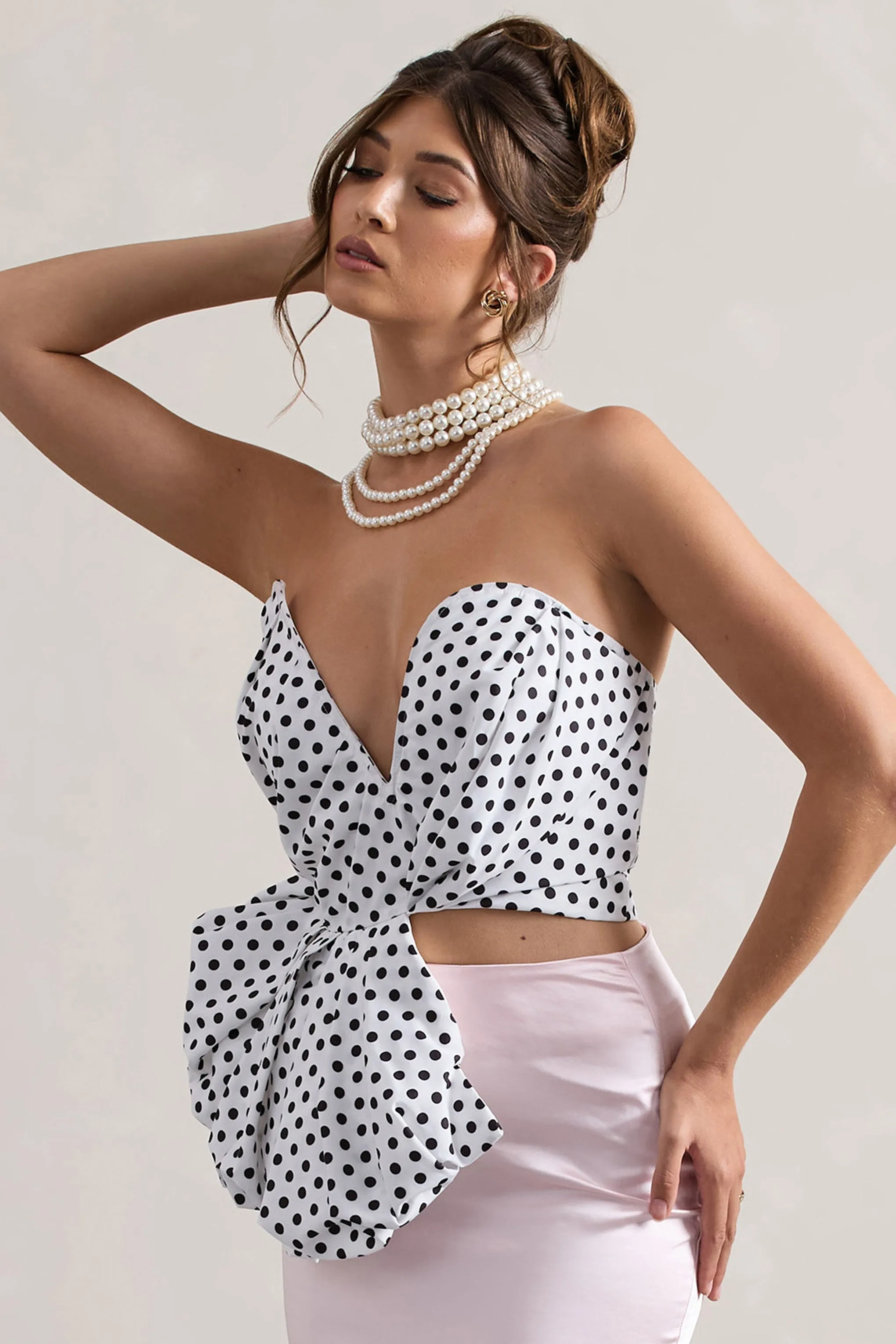 Haute | Cream Polka Dot Asymmetric Plunge-Neck Corset With Ruffle