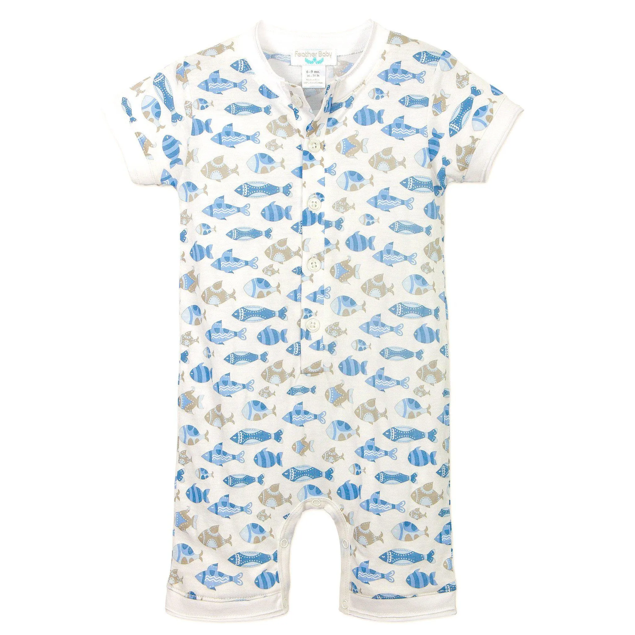 Henley Romper - Skinny Fish on White  100% Pima Cotton