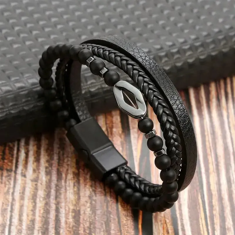 High Quality Cross Stainless Steel Leather Bracelet Charm Magnetic Men Bracelet Genuine Braided Punk Rock Bangles Jewelry Gift