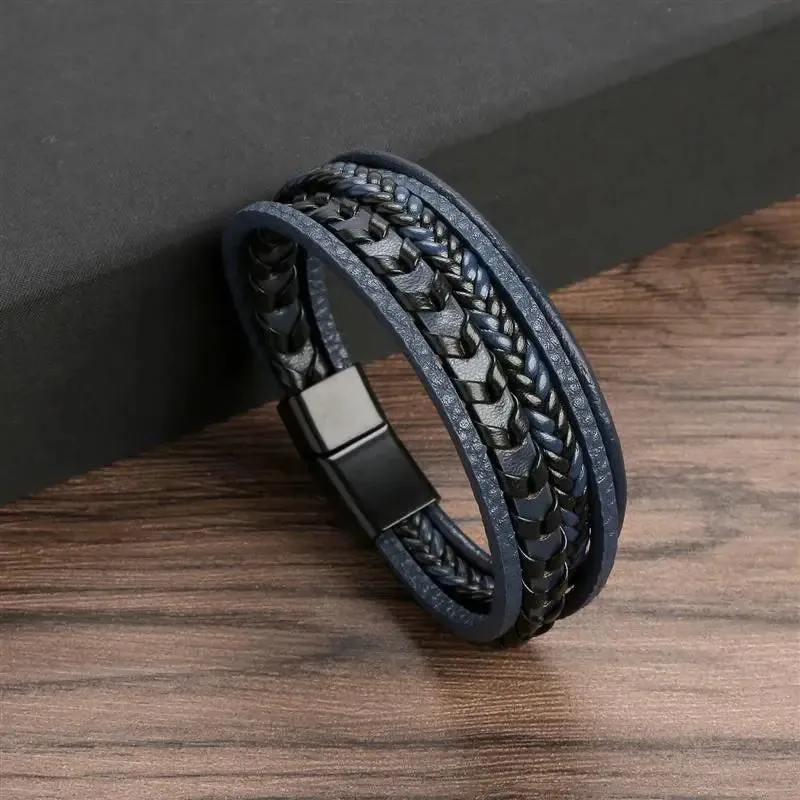 High Quality Cross Stainless Steel Leather Bracelet Charm Magnetic Men Bracelet Genuine Braided Punk Rock Bangles Jewelry Gift