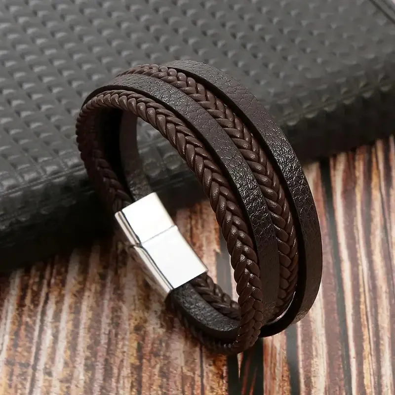 High Quality Cross Stainless Steel Leather Bracelet Charm Magnetic Men Bracelet Genuine Braided Punk Rock Bangles Jewelry Gift