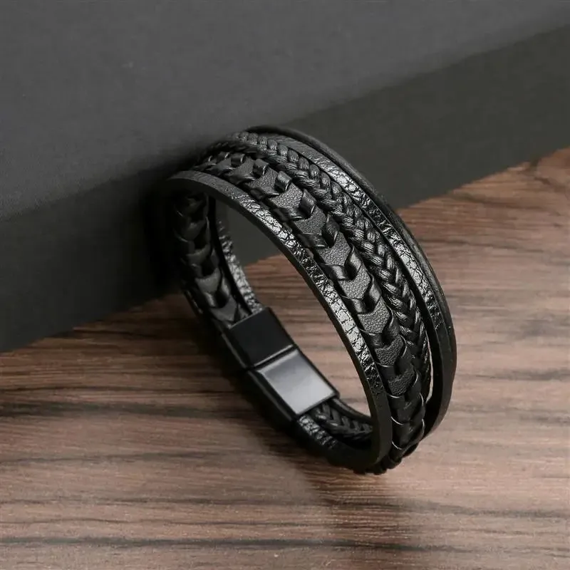 High Quality Cross Stainless Steel Leather Bracelet Charm Magnetic Men Bracelet Genuine Braided Punk Rock Bangles Jewelry Gift