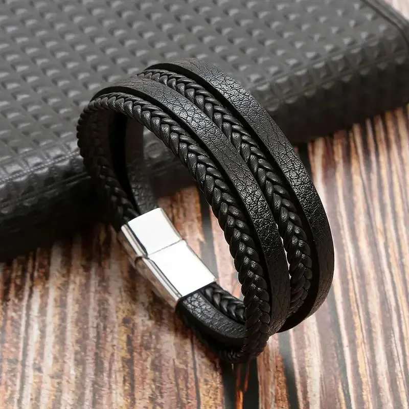 High Quality Cross Stainless Steel Leather Bracelet Charm Magnetic Men Bracelet Genuine Braided Punk Rock Bangles Jewelry Gift