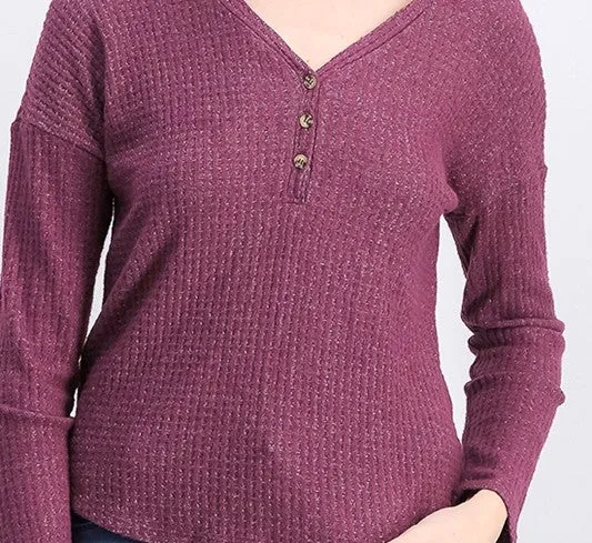 Hippie Rose Juniors' Henley Waffle Knit Top Purple Size Large