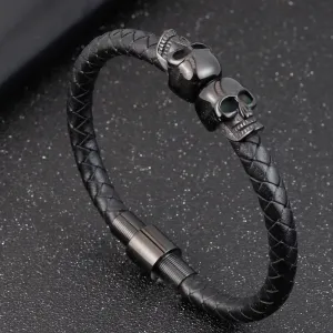 Hyperbole Men Jewelry Black Braided Leather Bracelets Stainless Steel Leahter Bracelets Cool Skull Bracelets Men Bracelet