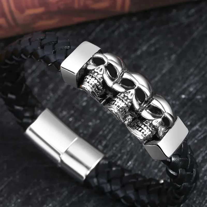 Hyperbole Men Jewelry Black Braided Leather Bracelets Stainless Steel Leahter Bracelets Cool Skull Bracelets Men Bracelet