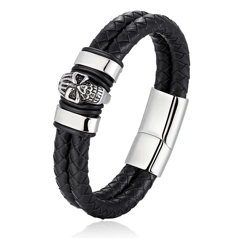 Hyperbole Men Jewelry Black Braided Leather Bracelets Stainless Steel Leahter Bracelets Cool Skull Bracelets Men Bracelet