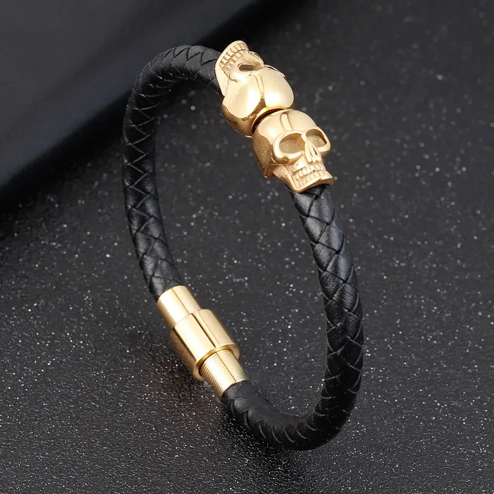 Hyperbole Men Jewelry Black Braided Leather Bracelets Stainless Steel Leahter Bracelets Cool Skull Bracelets Men Bracelet